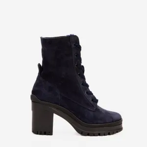 The Elera Navy Blue Leather Block Heel Women Boot