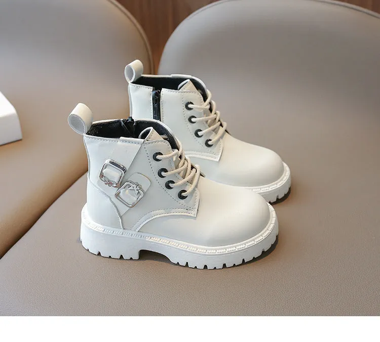 BUCKLE APPLIQUE LACE-UP HIGH TOP BOOTS - WHITE