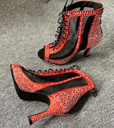 Dancing Boots Red Rhinestone Bachata Dance Shoes