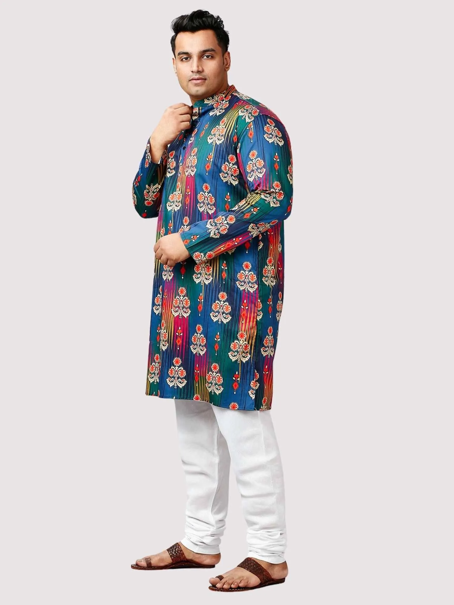 Festive Printed Blue Red Kurta Men's Plus Size