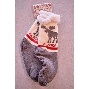 Gray and White Moose Alaska Slipper Socks