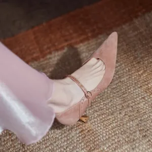 Leather Strap Mary Jane Pumps 65mm Kitty Heel Point Toe in Pink/Apricot