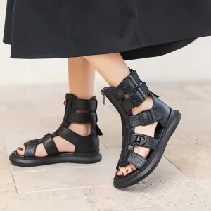 Leather Strappy Sandals Boots For Women Open Toe Front Zipper Flat Gladiator Sandals in Black