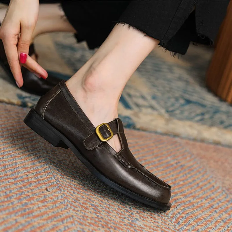 Leather T-strap Mary Jane Shoes For Women Round Toe in Black/Brown