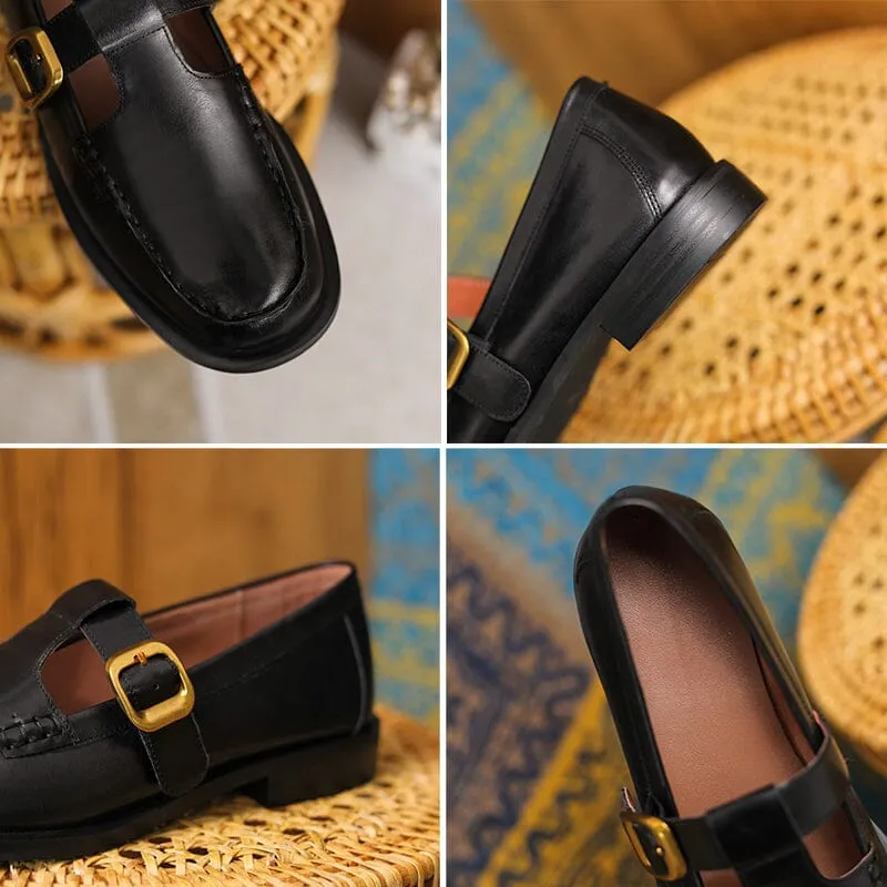 Leather T-strap Mary Jane Shoes For Women Round Toe in Black/Brown