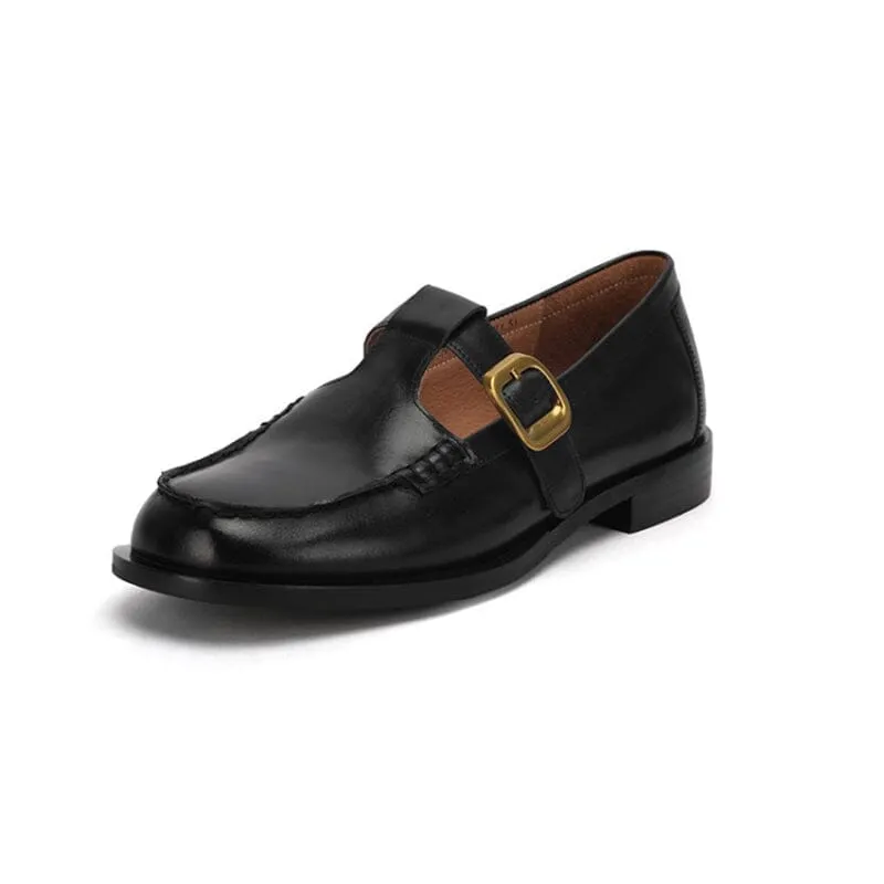 Leather T-strap Mary Jane Shoes For Women Round Toe in Black/Brown