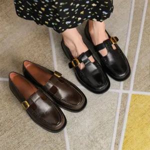 Leather T-strap Mary Jane Shoes For Women Round Toe in Black/Brown