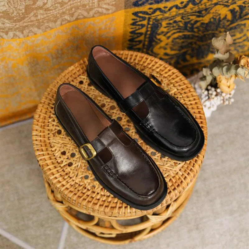 Leather T-strap Mary Jane Shoes For Women Round Toe in Black/Brown