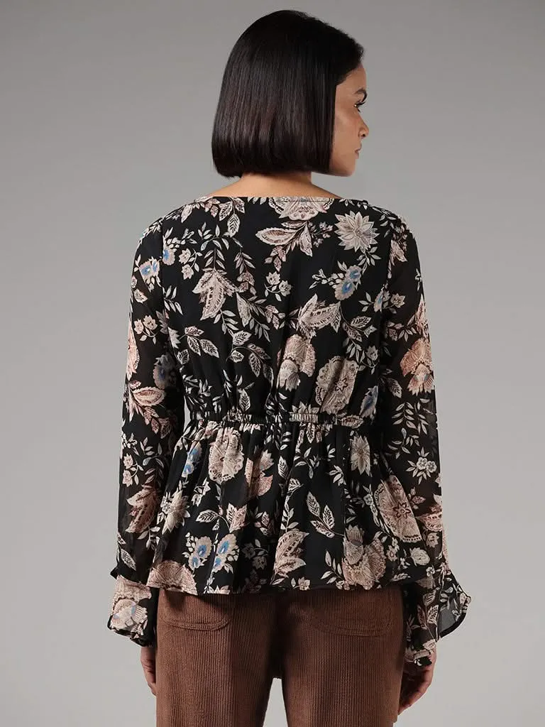 LOV Black Floral Printed Gathered Top