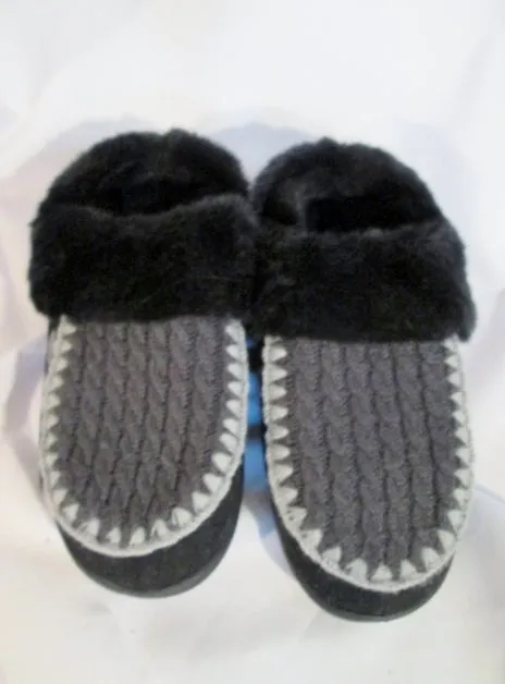 NEW Womens ACORN Plush Faux Fur Knit Clog Moc Slippers Slides 8 BLACK GRAY