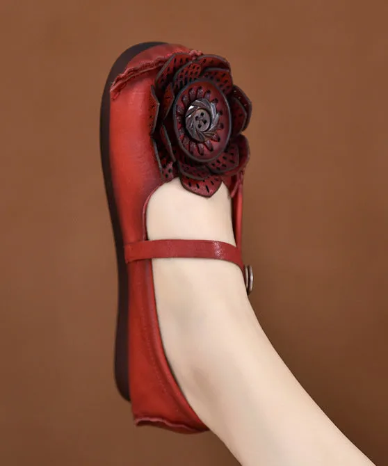 Original Retro Red Floral Soft Sole Cowhide Leather Flats Shoes RT1024