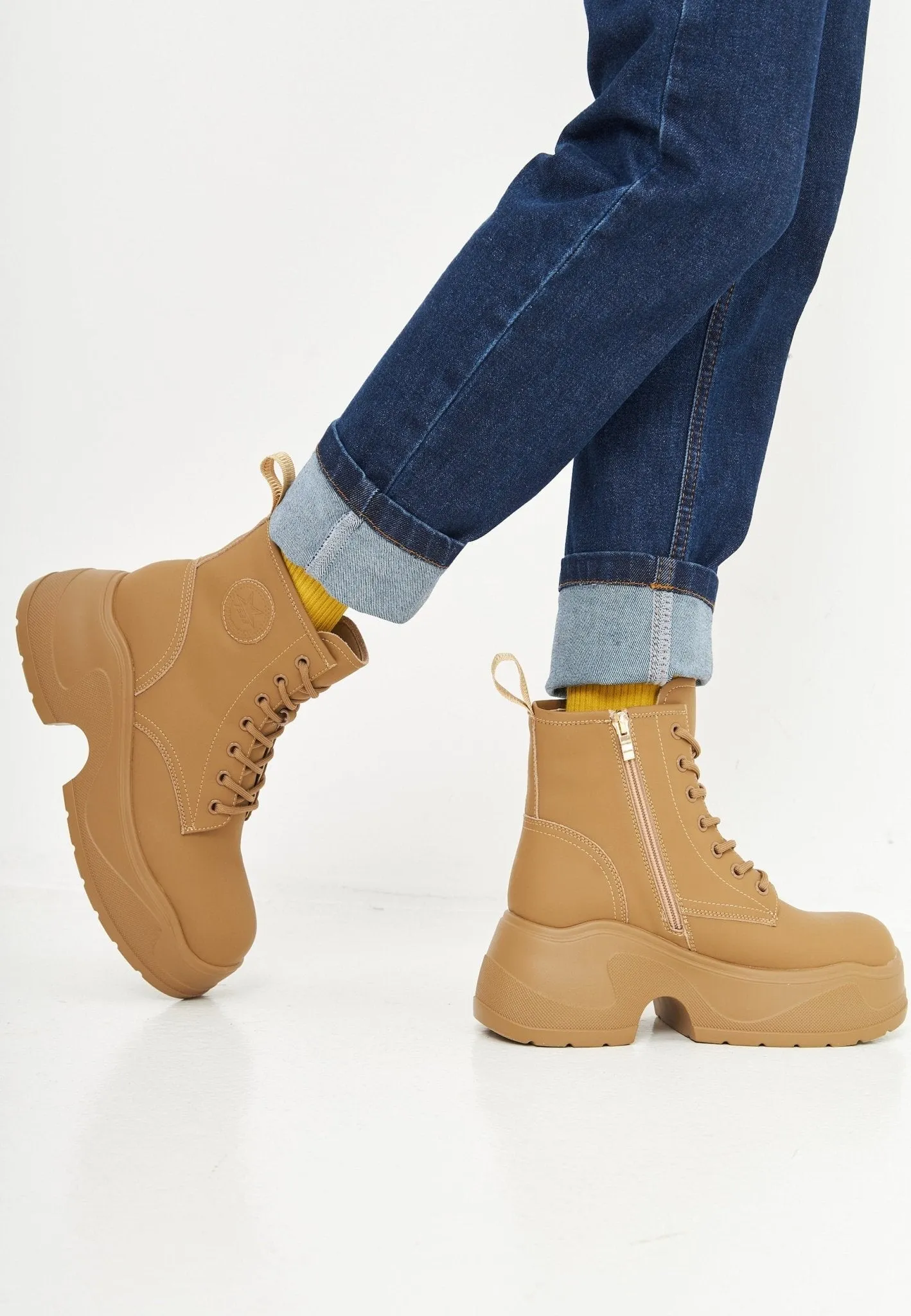 Platform Ankle Boots - Beige