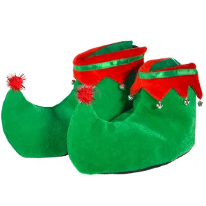 Red Green Elf Shoes - Red and Green Velvet Holiday Elf Feet Slippers with Jingle Bells for Adults and Kids