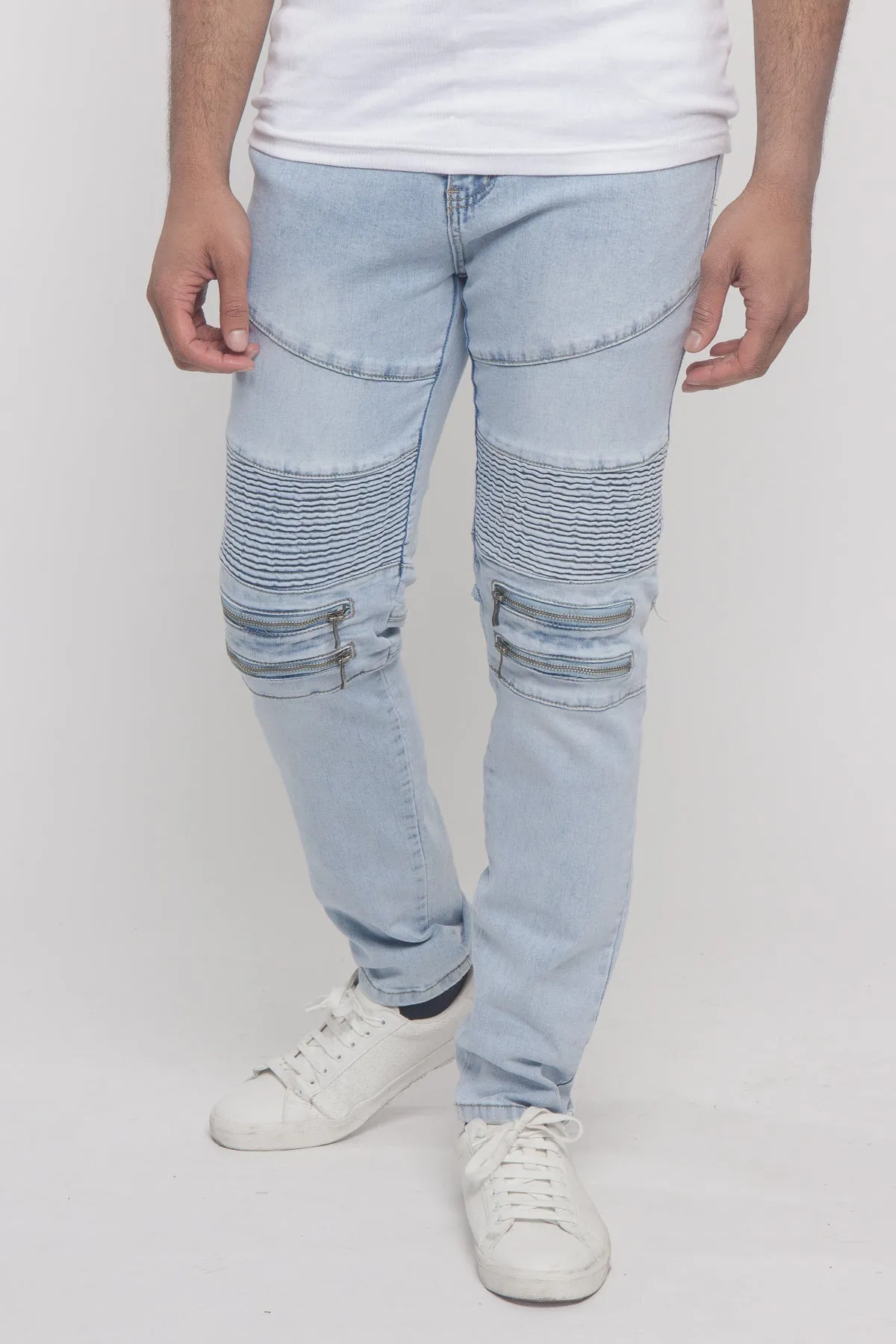 Scrunched Zipper Moto Biker Denim Jeans