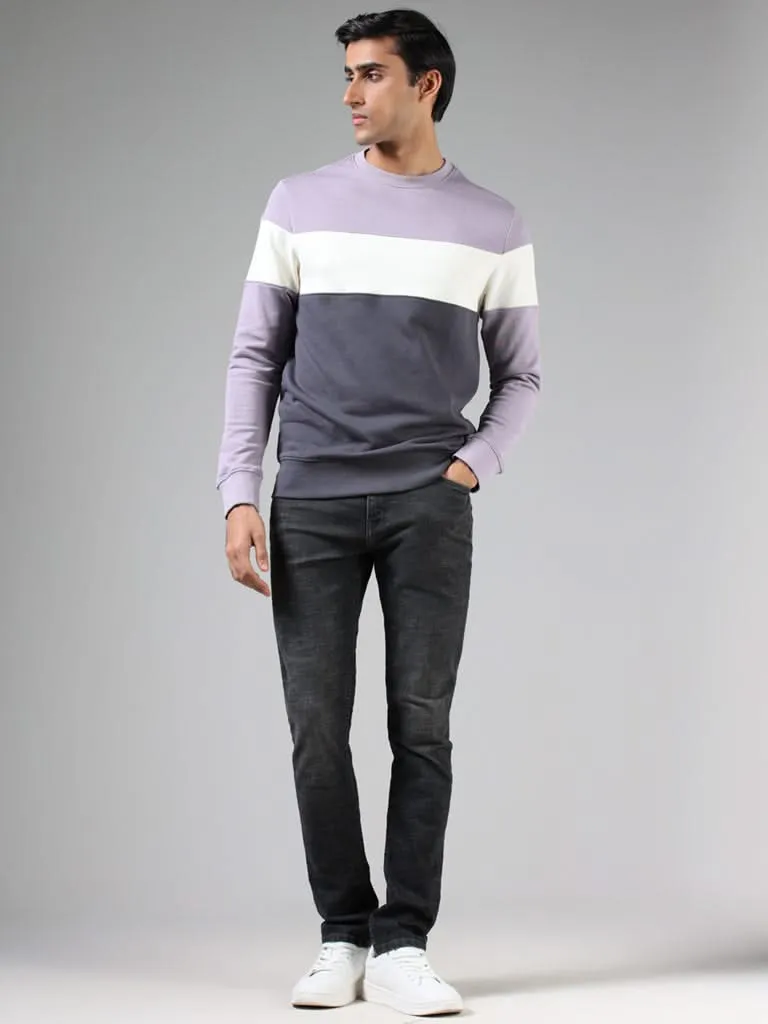 WES Casuals Lilac & Charcoal Colorblock Cotton Blend Relaxed-Fit Sweatshirt