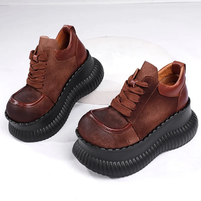 Women Handmade Leather Round Toe Lace Up Platform Sneakers in Coffee/Black