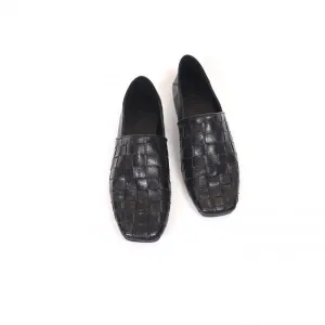 Woven Handmade Horse Leather Loafers For Women Square Toe Flats In Black