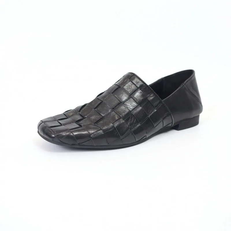 Woven Handmade Horse Leather Loafers For Women Square Toe Flats In Black